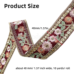 10ヤードの刺繍フラワーポリエステルリボン  洋服アクセサリー  暗赤色  1-5/8インチ（40mm）&nbsp;PW-WG22962-04