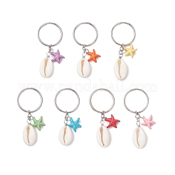 合成ターコイズと天然混合タカラガイのキーホルダー  304ステンレススチールキーチェーン留め具付き  ヒトデの殻の形  プラチナ  ミックスカラー  60.5mm&nbsp;KEYC-JKC01344