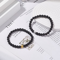 2 個 2 色合成ヘマタイト & 天然溶岩ビーズ ストレッチ ブレスレット セット  女性のためのエッセンシャルオイルジェムストーンジュエリー  ゴールデン＆シルバー  内径：2-1/8インチ（5.4cm）  1pc /カラー&nbsp;BJEW-JB08067
