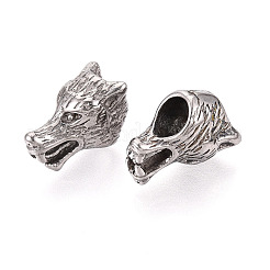 304ステンレス鋼のヨーロッパスタイルの大きな穴のビーズ  オオカミ  ステンレス鋼色  12.5x10.5x18mm  穴：6mm&nbsp;STAS-T072-143P