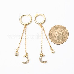 クリア キュービックジルコニア ムーン ダングル フープ イヤリング  女性のための真鍮ロング チェーン タッセル ドロップ イヤリング  ゴールドカラー  62mm  ピン：1mm&nbsp;EJEW-JE05077