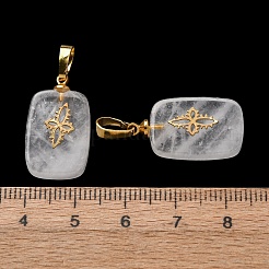 天然石クオーツクリスタルペンダント  真鍮製の金具と304ステンレススチール製のカボションを使用  ゴールドカラー  花柄のチャームが付いた長方形  23~23.5x13~13.5x3.5~4mm  穴：7.5x4mm&nbsp;G-G461-07G-07
