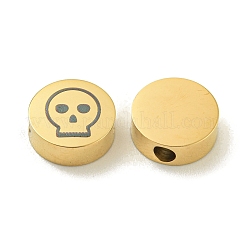 ハロウィン 304 ステンレス ビーズ  18KGP本金メッキ  フラットラウンド  スカル  8x3mm  穴：2mm&nbsp;STAS-U017-01G-F