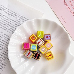 オペークアクリルヨーロピアンビーズ  エナメル  大穴ビーズ  疑問符と感嘆符が付いた立方体  ミックスカラー  14.2x18.6x18.6mm  穴：4mm&nbsp;OACR-E026-02