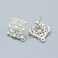 合金製スタッドピアスパーツ  カン付き  真鍮製のピンとイヤナット/ピアスバックキャッチ  長持ちメッキ  菱形  マットシルバー  21.5x19mm  穴：1.4mm  ピン：0.7mm&nbsp;PALLOY-F255-08MS