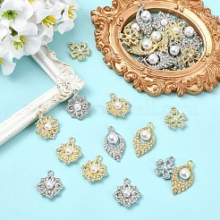 30pcs6スタイルアロイラインストーンペンダント  花と涙  ABSの模造パールと  ミックスカラー  17.5~26x15~17.5x3.5~8.5mm  穴：1.6~2mm  5個/カラー&nbsp;FIND-YW0011-97