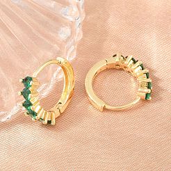 真鍮製マイクロパヴェキュービックジルコニアフープピアス  カドミウムフリー＆鉛フリー  長持ちメッキ  ラックめっき  18KGP本金メッキ  グリーン  14.5x4mm&nbsp;EJEW-P346-09G-01