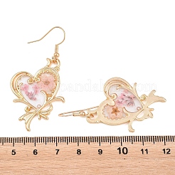 合金とドライフラワーのドロップピアス  接着剤を浸して  ハート形  ゴールドカラー  54x25mm&nbsp;AL-Z001-01G-01