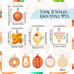 32個 8スタイル 食品用不透明樹脂ペンダント  プラチナメッキ鉄ループ付き  ミックスカラー  18~30x13~28x7~14mm  穴：1.8~2.5mm  4個/スタイル&nbsp;RESI-SC0003-37