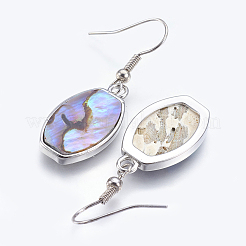 アワビシェル/パウアシェルダングルピアス  真鍮パーツ  オーバル  プラチナ  40~41mm  ピン：0.7 MMM&nbsp;EJEW-P148-16-01