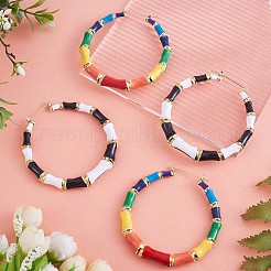 エナメル バンブー ビッグ フープ ピアス  女性のための金メッキ合金ジュエリー  ブラック  73mm  ピン：0.8mm&nbsp;JE976B