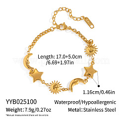 304ステンレススチール製、星と太陽と月のリンクブレスレット（女性用）  18KGP本金メッキ  6-3/4インチ（17cm）&nbsp;PP4213-1