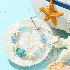 合成ターコイズと天然アクアマリンチップビーズスライダーブレスレット  ヒトデとカメの調節可能な女性用ブレスレット  11-3/8インチ（29cm）&nbsp;BJEW-TA00362