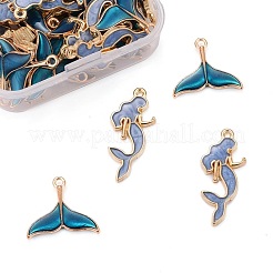 50本2スタイルアロイエナメルペンダント  人魚とクジラの尻尾の形  ライトゴールド  ブルー  17~29x12.5~20x2~3mm  穴：1.4~1.6mm  25個/スタイル&nbsp;ENAM-LS0001-10LG