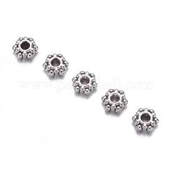 チベットスタイルの花のスペーサービーズ  鉛フリー＆カドミウムフリー  アンティークシルバー  直径約7mm  穴：1mm&nbsp;X-AA0528