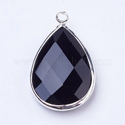 シルバーカラーメッキ真鍮ガラスティアドロップ  ペンダント  多面カット  ブラック  18x10x5mm  穴：2mm&nbsp;X-GLAA-M006-A-12S