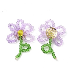 手作りのガラスビーズ編みカボション  DIYジュエリー作りの工芸品  真鍮のパーツと  花  プラム  40~43x25~30x7~7.5mm&nbsp;GLAA-C028-01E