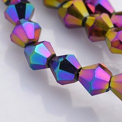 カット加工ダブルコーンメッキガラスビーズ連売り  フル虹メッキ  インディゴ  4x4mm  穴：1mm  約80~85個/連  11.81~12.6インチ（30~32cm）&nbsp;X-EGLA-P016-4mm-F03
