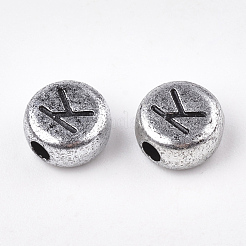 アクリルビーズ  水平穴  混合文字  フラットラウンド  銀  7x4mm  穴：1mm  約3700個/500g&nbsp;MACR-Q223-04A