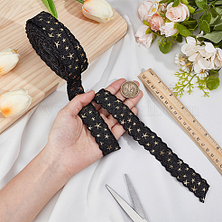 チロリアンテープ  刺繍の星柄リボン  洋服アクセサリー  ブラック  1-1/8インチ（27mm）  約8.00ヤード（7.32m）/ロール&nbsp;OCOR-WH0078-453