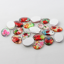 マルチカラーの花のテーマのオーナメント楕円形のフラットバックガラスカボション  ミックスカラー  25x18x6mm&nbsp;GGLA-A003-18x25-NN