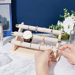 3段ベルベットリングディスプレイスタンド  ゴールドトーンの鉄パーツと木製ベースの取り外し可能な指輪オーガナイザーホルダー  淡い茶色  完成品：20x10.5x9cm  約6個/セット&nbsp;RDIS-WH0009-010