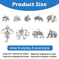 45pcs9スタイルチベットスタイルアロイペンダント  象のチャーム  アンティークシルバー  12~30.5x12~25x2.5~5mm  穴：1~2.5mm  5個/スタイル&nbsp;FIND-YW0011-10