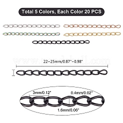 100個 5色 304ステンレススチールカーブチェーンエクステンダー  エンドチェーン  ミックスカラー  22~25mm  リンク：3x1.6x0.4mm  20個/カラー&nbsp;STAS-UN0038-15B