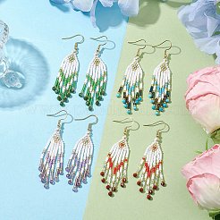 編み込みシードビーズと天然石のタッセルイヤリング  女性用304ステンレススチールダングルイヤリング  70x15mm&nbsp;EJEW-MZ00154