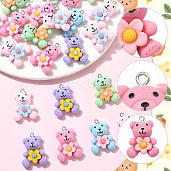 不透明樹脂ペンダント30個  プラチナトーンの鉄ループ付き  花のチャームを付けたクマ  ミックスカラー  30x21.5x10mm  穴：2mm&nbsp;RESI-YW0005-27