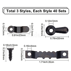 120セット3スタイルの鉄製額縁ターンボタン  ネジ付き  電気泳動黒  23~43.5x7.5~9x1~4mm  穴：3mm  40セット/スタイル&nbsp;AJEW-GF0004-47