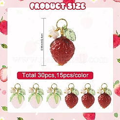 30個 2色 ハンドメイド ランプワーク＆アクリル＆樹脂ペンダント  鉄パーツ  苺  ゴールドカラー  ミックスカラー  24mm&nbsp;PALLOY-YW00125