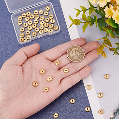 真鍮ビーズ  長持ちメッキ  マットなスタイル  テクスチャ  フラットラウンド  18KGP本金メッキ  7.5x2.3mm  穴：1.8mm  50個/箱&nbsp;KK-DC0001-23