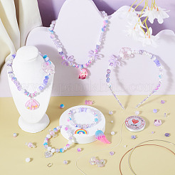 DIYのかわいい漫画のヘアバンドのブレスレット作成キット  マーメイド＆ウィング＆レインボーレジンペンダントを含む  キャンディー & ちょう結び & スター アクリル & プラスチック パール & ガラス シード ビーズ  鉄のヘアバンドパーツ  パープル  876個/セット&nbsp;DIY-TA0003-88