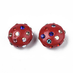 樹脂粘土ラインストーンビーズ  パヴェボールディスコビーズ  フラットラウンド  レッド  11~12x7mm  穴：1.4mm  ラインストーン：pp15（2.1~2.2mm）&nbsp;RB-S056-27C