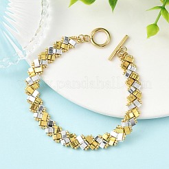 女性用、ツートンカラーの電気メッキガラスシードビーズ編み込みブレスレット（OTクラスプ付き）  銀メッキ  ゴールドカラー  7.78インチ（19.75cm）&nbsp;BJEW-MZ00349