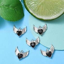 ラックメッキ合金ガラスペンダント  カドミウムフリー＆鉛フリー＆ニッケルフリー  プラチナ  ファセット ハート チャーム ウィング  ブラック  20x22x4mm  穴：1.8mm&nbsp;FIND-YW0001-85A