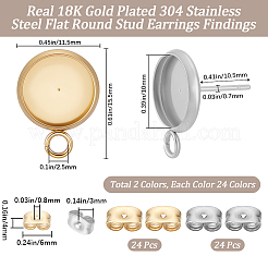 48個 2スタイル ステンレススチール スタッドピアス金具  カボションセッティング  フラットラウンド  2種類のスタイルのステンレス製イヤーナット48個付き  ミックスカラー  15.5x11.5mm  穴：2.5mmトレイサイズ：10mm&nbsp;STAS-BBC0010-23B