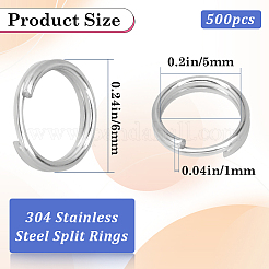 304ステンレススチール製スプリットリング500個  ダブルループ丸カン  ステンレス鋼色  6x1mm  内径：5mm&nbsp;STAS-SP0001-66E