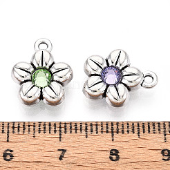 チベット風合金チャーム  ラインストーン付き  花  アンティークシルバー  ミックスカラー  14.5x12x4.5mm  穴：1.5mm&nbsp;TIBE-N013-26AS