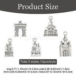 50pcs5スタイルチベットスタイル亜鉛合金ペンダント  混合建築のチャーム  鉛フリー＆カドミウムフリー  アンティークシルバー  18~28x10~16x1.5~5mm  穴：1.8~3mm  10個/スタイル&nbsp;TIBEP-YW0002-36