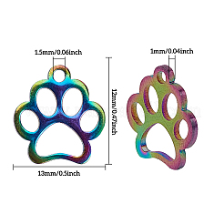 ステンレス製ペットチャーム201個  犬の足跡  レーザー切断  虹色  13x12x1mm  穴：1.5mm  15個/箱&nbsp;STAS-CA0001-01