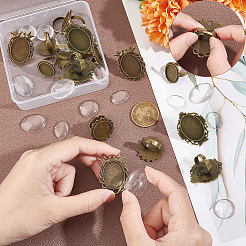 DIYの空白ドーム型指輪作りキット  鳥、亀、花の調整可能な亜鉛合金ベゼルカップリングセッティングを含む  ガラスカボション  アンティークブロンズ  32個/箱&nbsp;FIND-UN0002-40