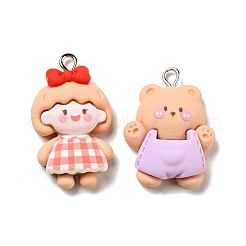 不透明樹脂ペンダント  プラチナトーンの鉄ループ付き  うさぎ＆ねこ＆くま＆女の子  ミックスシェイプチャーム  ミックスカラー  26~29.5x16.5~20x7~8mm  穴：2x2.6mm&nbsp;RESI-G043-C08