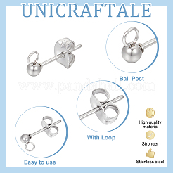 304ステンレススチールスタッドピアス金具  ループとeaeナット付き  ピアスポスト  ラウンド  ステンレス鋼色  14x3mm  穴：2mm  ピン：0.8mm  スタッドピアスのパーツ：50個/箱  イヤーナット：50個/箱&nbsp;STAS-UN0015-57A