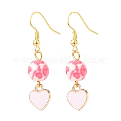 3 ペア 3 スタイル ピンク合金エナメル チャーム & レジン ビーズ ダングル イヤリング  女性のためのバレンタインテーマ真鍮ジュエリー  ゴールドカラー  ハート柄  29~67.5mm  ピン：0.5mm&nbsp;EJEW-JE05030-02