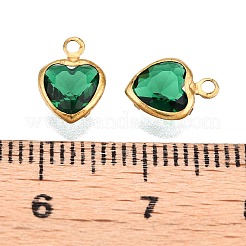 K9ガラスチャーム  ゴールデン真鍮パーツ  多面カット  ハート  シーグリーン  9.5x6.5x3mm  穴：1.2mm&nbsp;GLAA-T023-11E