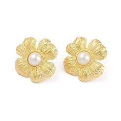 フラワーブラススタッドピアス  プラスチック模造パールと  22KGP本金メッキ  25x25mm&nbsp;EJEW-Q391-24G