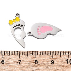 304ステンレススチールエナメルスプリットペンダント  左右  カップルのチャーム  足跡と蝶結びのチャームが付いたハート  ステンレス鋼色  21~24x10~11x2mm  穴：1.6mm  2個/セット&nbsp;STAS-H235-04B-P