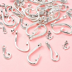 50個 5スタイル チベットスタイル 合金フック留め金  釣り針チャーム  レザーコードブレスレット作り用  アンティークシルバー  17~38x12~24x2~8mm  穴：2~5.5mm  10個/スタイル&nbsp;TIBE-YW0001-66